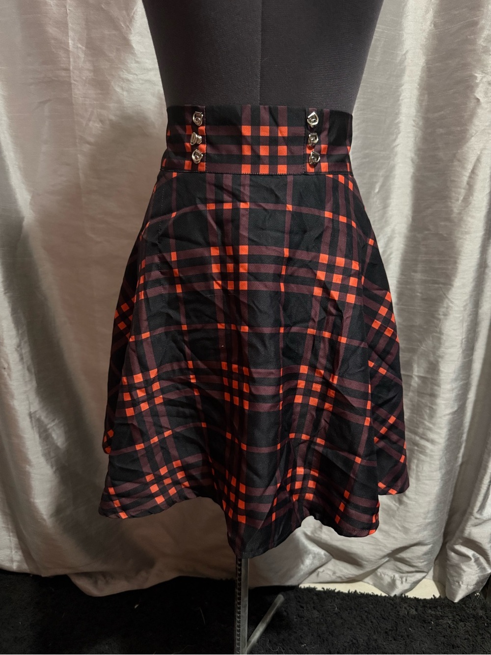 High-Waist Red & Black Plaid A-Line Skirt